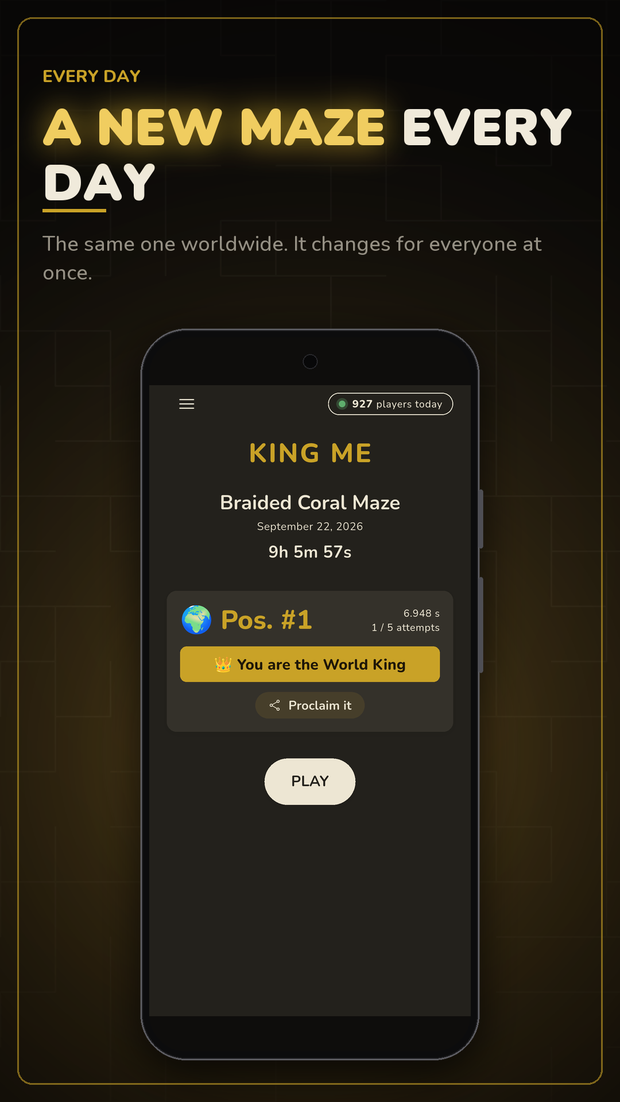 A new maze every day: King Me home screen with the maze of the day and the countdown