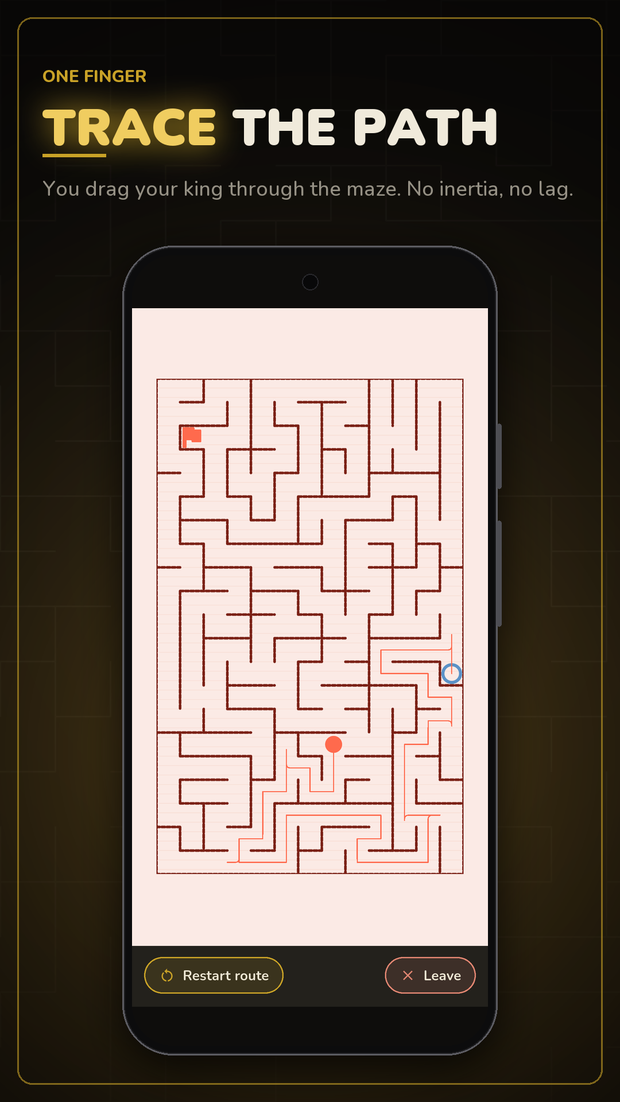 One finger: a King Me run, with the maze and the traced path