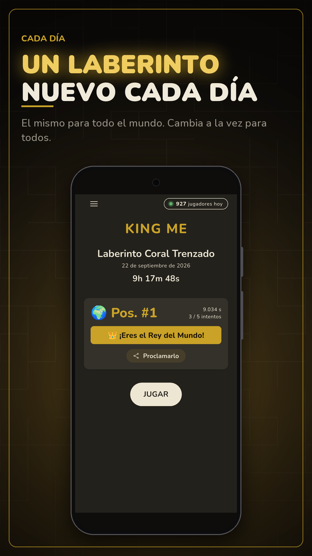 Un laberinto nuevo cada día: pantalla de inicio de King Me con el laberinto del día y la cuenta atrás
