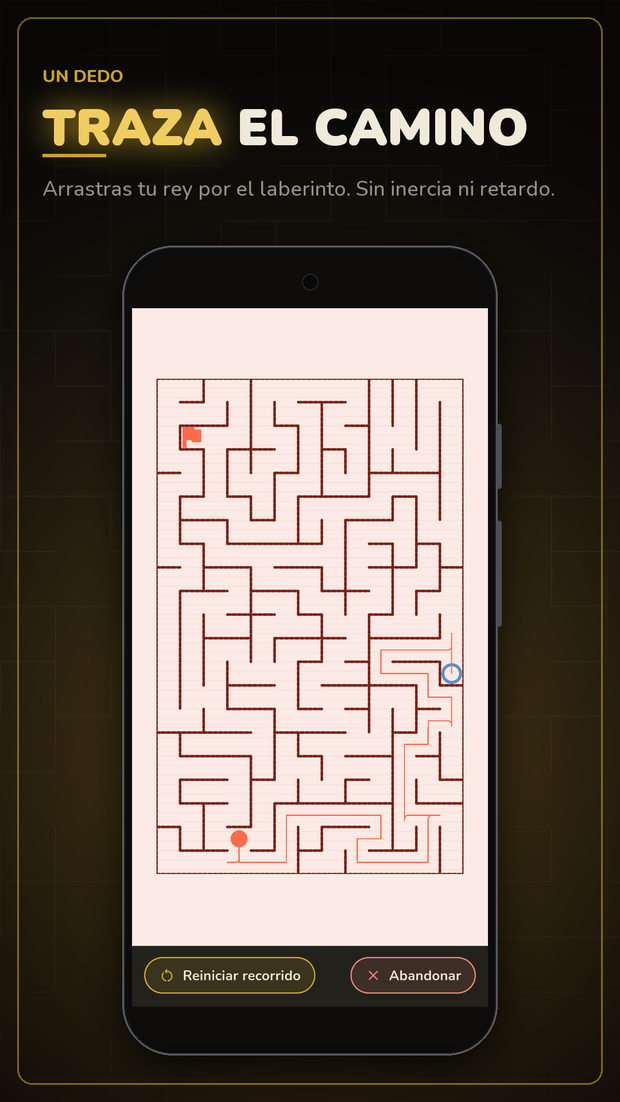 Un solo dedo: partida de King Me con el laberinto y el recorrido trazado